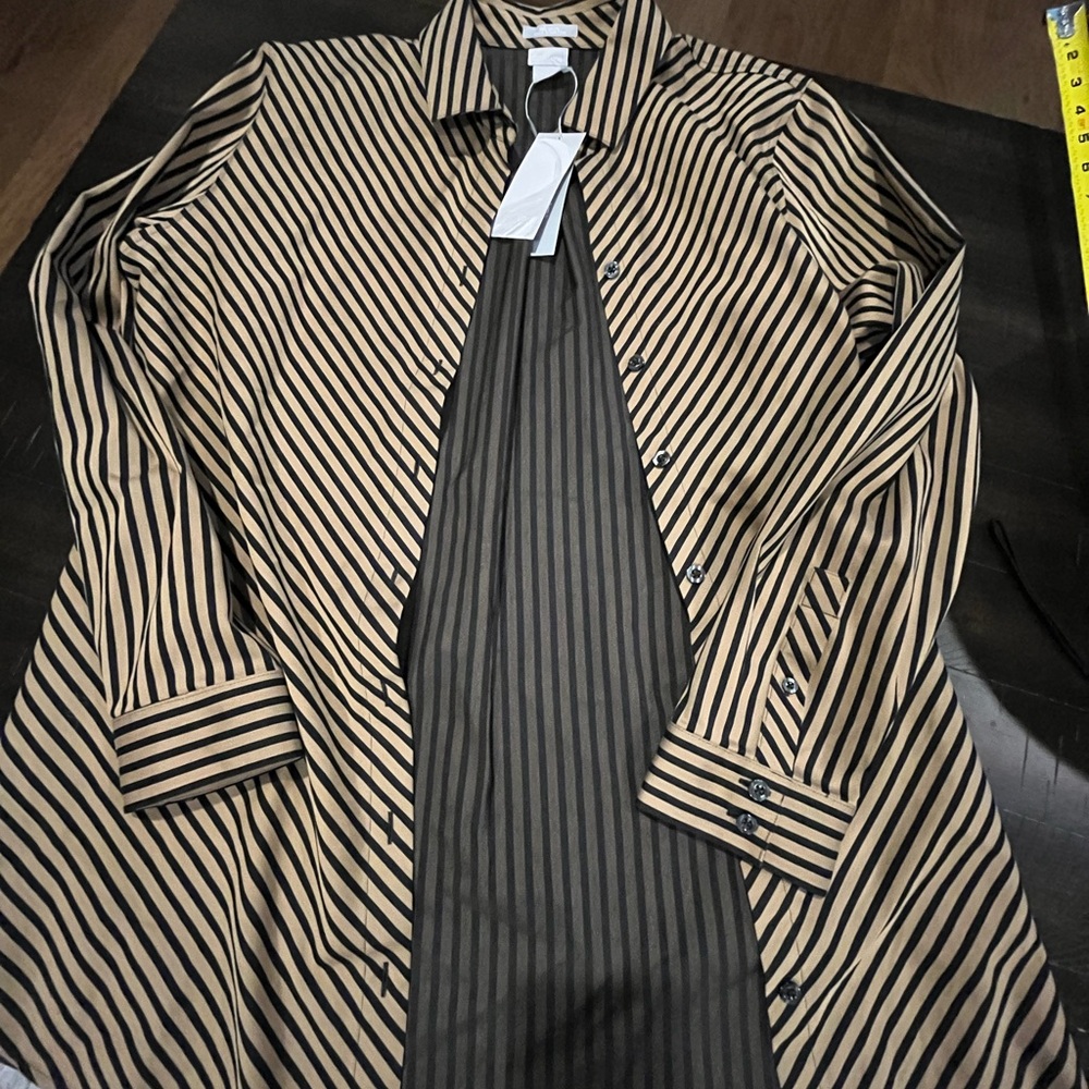 Chico's Black and Tan Striped Trench style button-up long blouse in 2X New!
